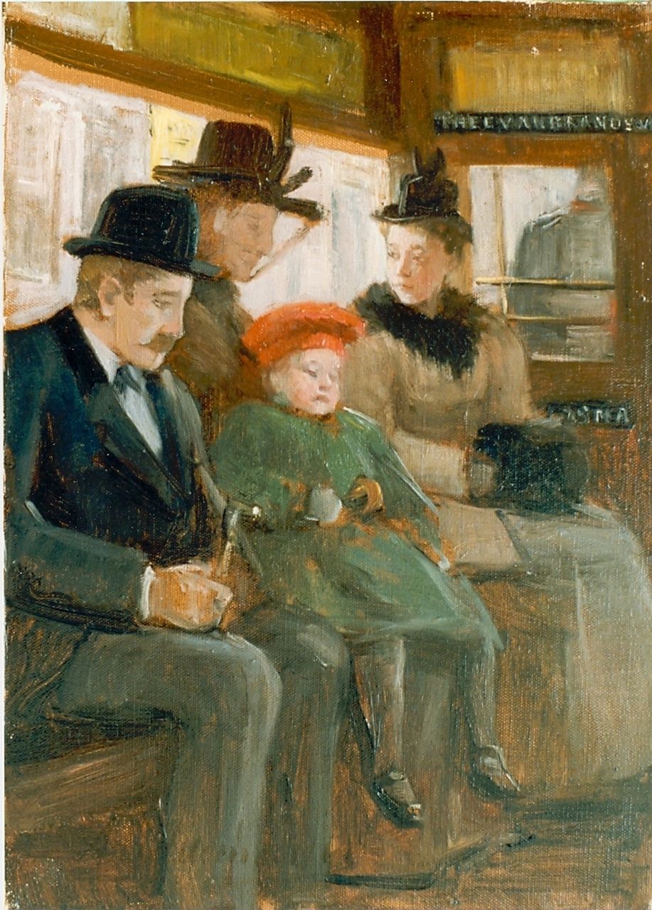Gildemeester A.  | Anna Gildemeester, Passengers in a tram, oil on canvas 38.3 x 28.0 cm, signed l.l.