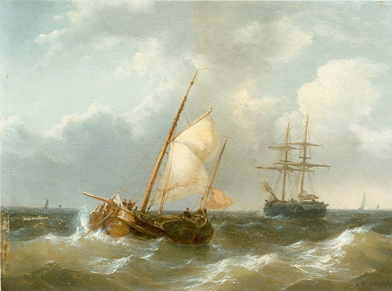 Opdenhoff G.W.  | Witzel 'George Willem' Opdenhoff, Sailing vessels on choppy waters, oil on panel 20.5 x 28.0 cm, signed l.r.