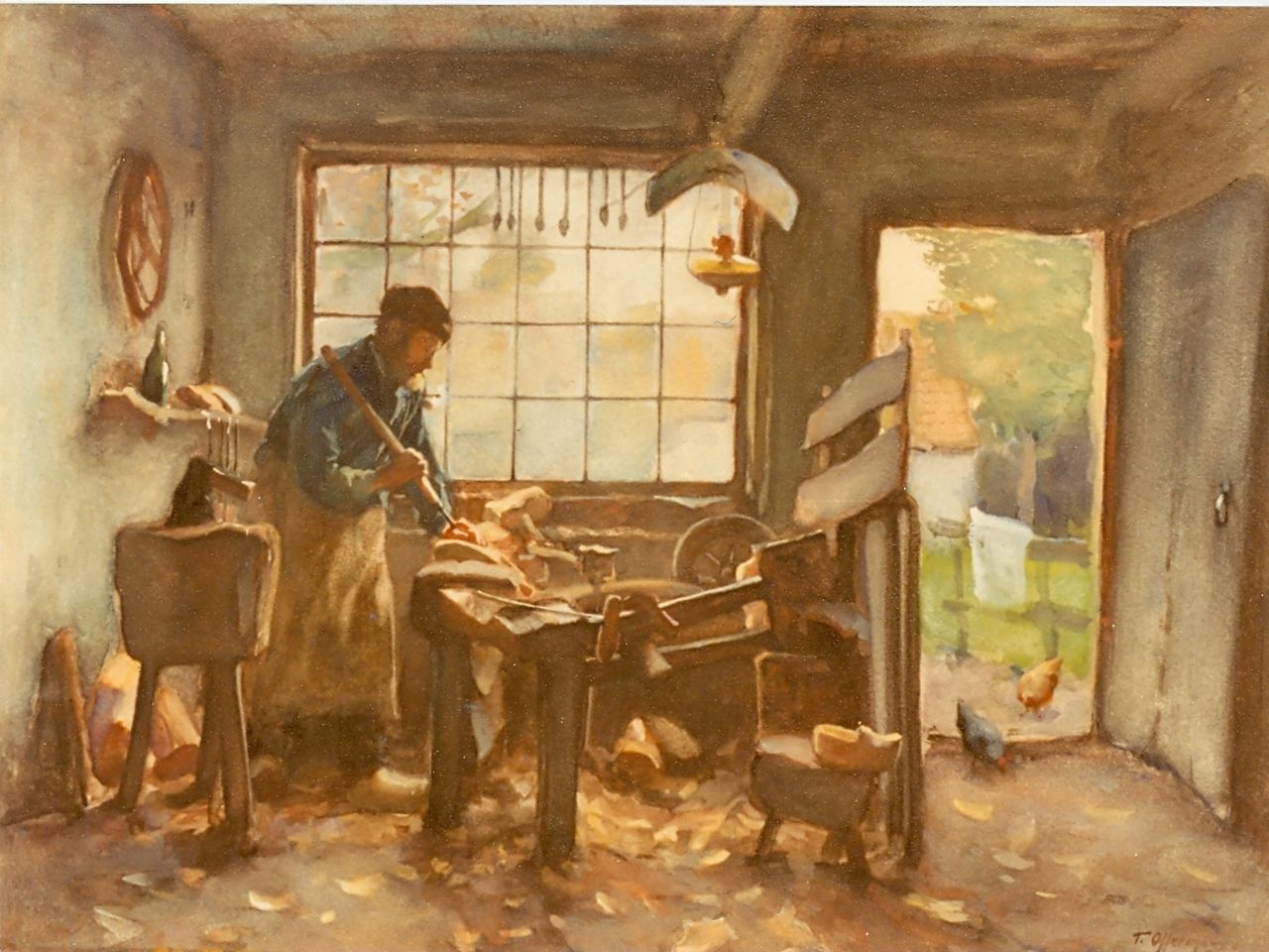 Offermans A.L.G.  | Anton Lodewijk George 'Tony' Offermans, The wooden shoe maker, oil on canvas 31.0 x 38.0 cm, signed l.r.