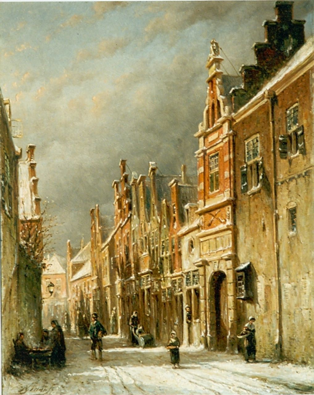 Vertin P.G.  | Petrus Gerardus Vertin, Figures in a snow-covered street, oil on panel 19.1 x 23.6 cm, signed l.l.