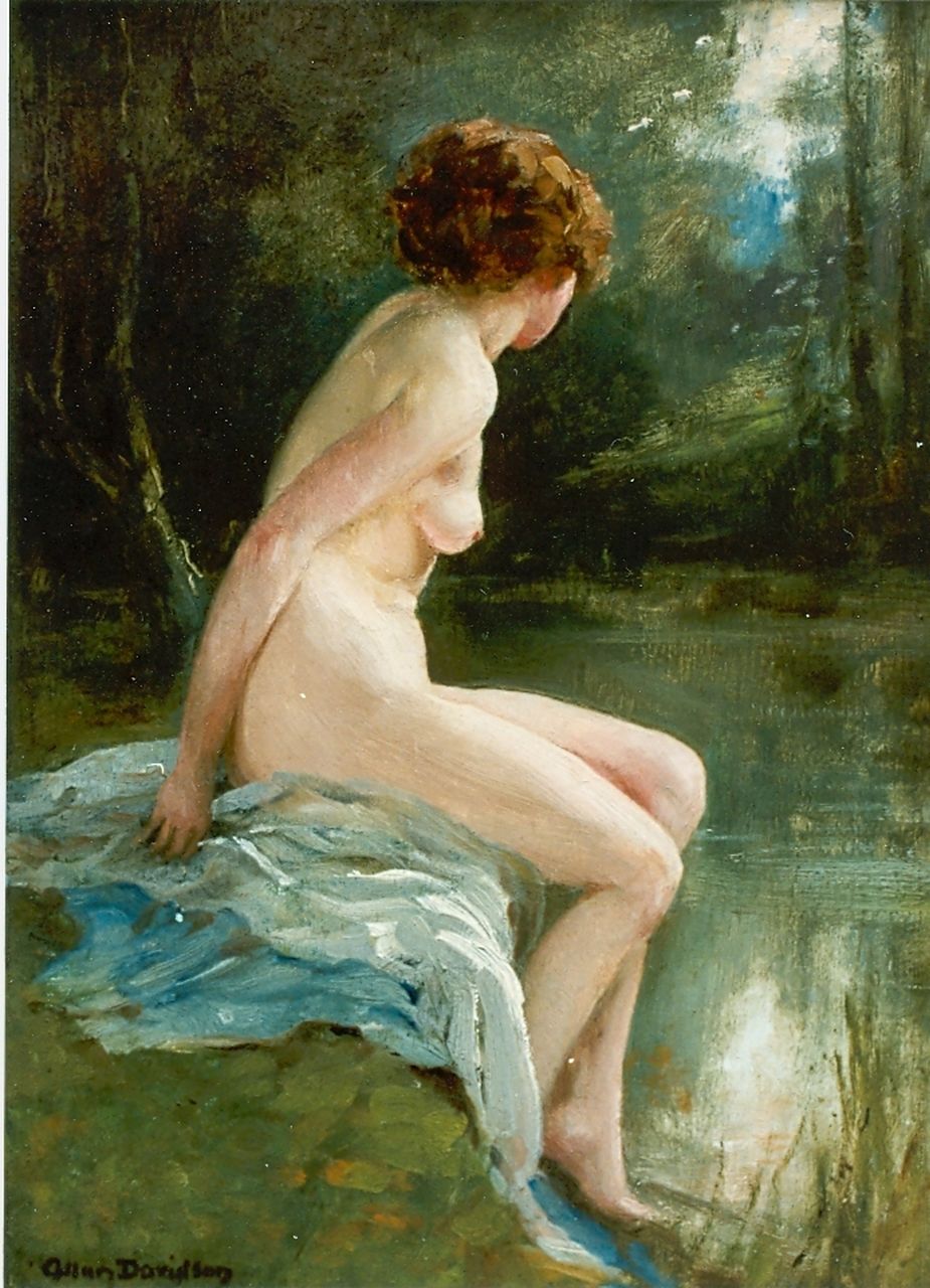Davidson A.D.  | Allan Douglas Davidson, Bathing woman, oil on panel 29.7 x 22.2 cm, signed l.l.