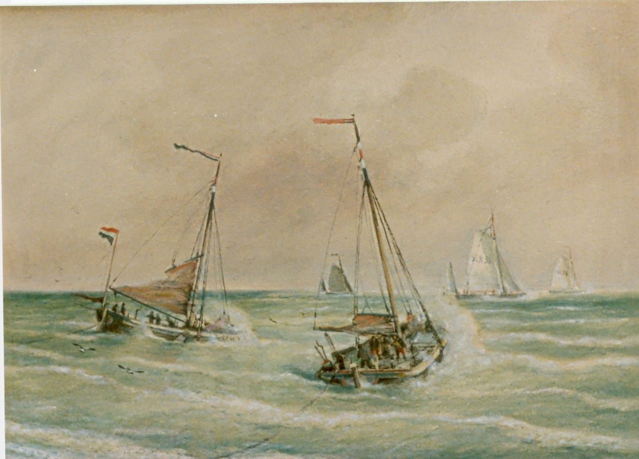 Dommelshuizen C.C.  | Cornelis Christiaan Dommelshuizen, Dutch fishing boats at sea, Scheveningen, watercolour on paper 28.1 x 39.0 cm, signed l.r. and dated 1905