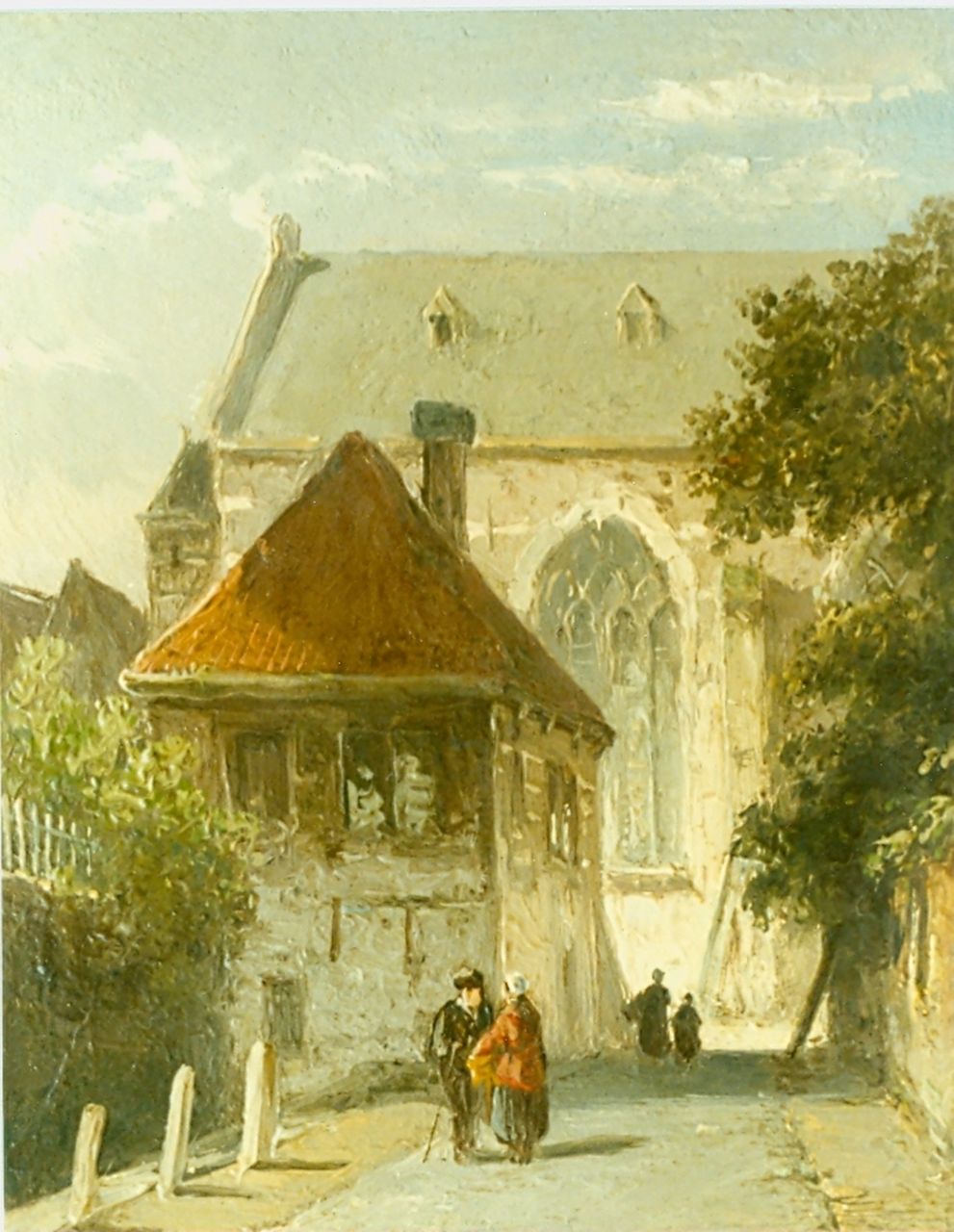 Eversen A.  | Adrianus Eversen, Figures in a street, with a church beyond, oil on panel 12.9 x 10.9 cm, signed l.l.