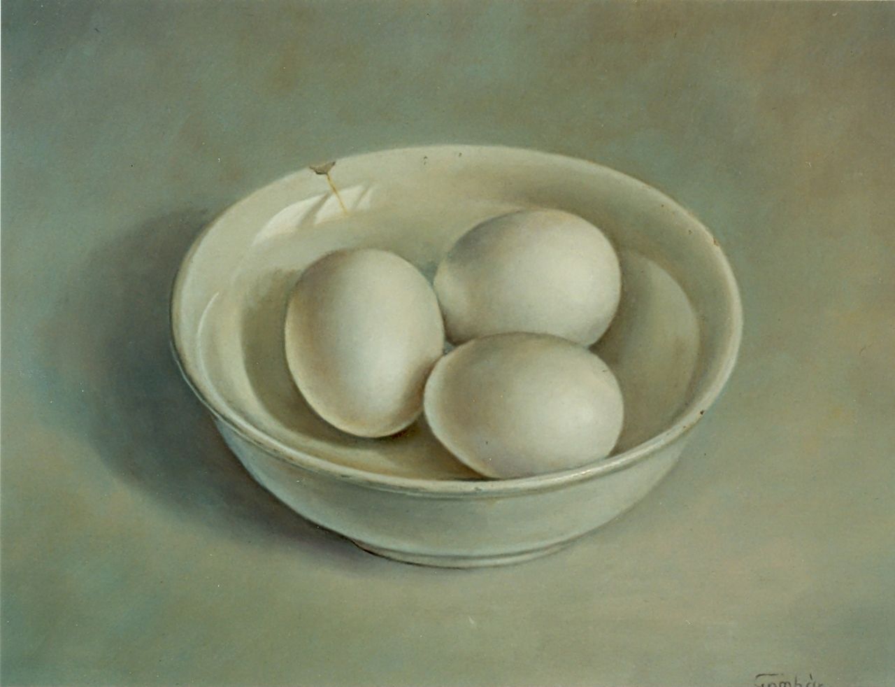 Gombar A.  | Andras Gombar, Eggs in a white dish, oil on panel 25.0 x 30.0 cm, signed l.r.