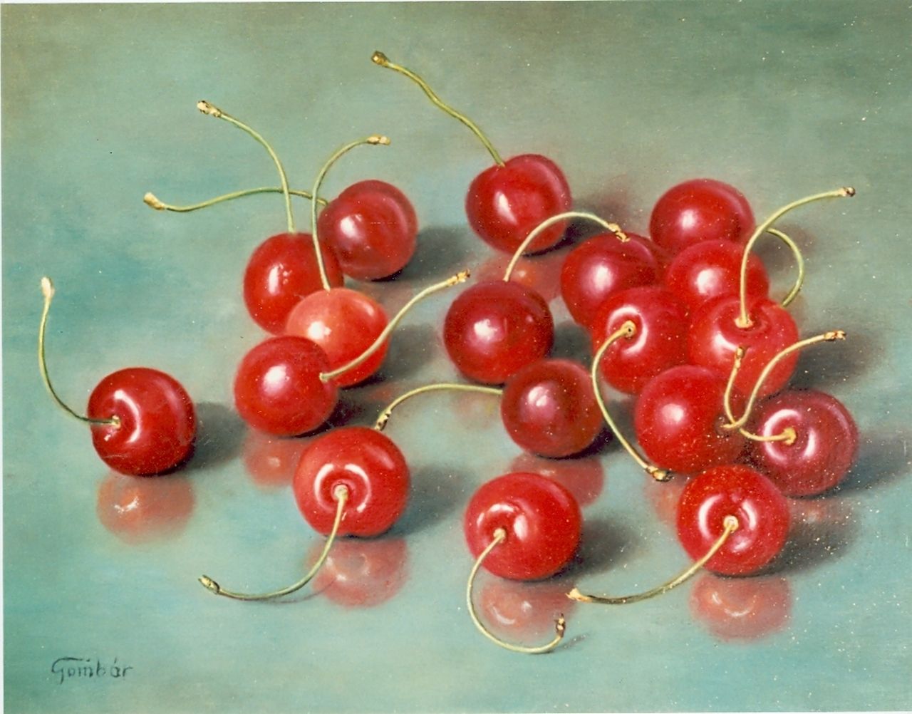 Gombar A.  | Andras Gombar, Cherries, oil on panel 18.0 x 24.0 cm, signed l.l.