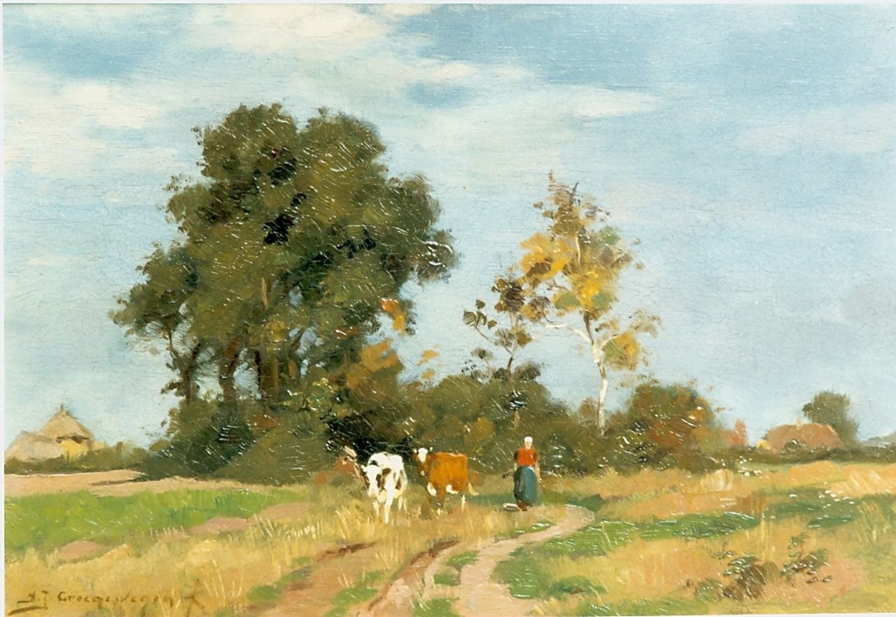 Groenewegen A.J.  | Adrianus Johannes Groenewegen, A summer landscape with a cow herd, oil on panel 21.0 x 30.0 cm, signed l.l.