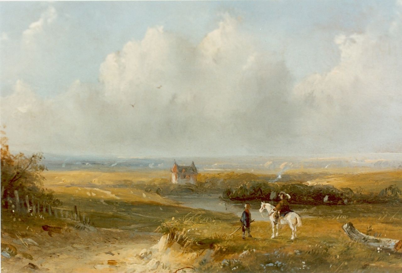 Hans J.G.  | Josephus Gerardus Hans, Travellers in a summer landscape, oil on panel 13.0 x 17.0 cm, signed l.l.