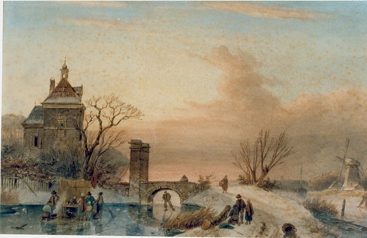 Leickert C.H.J.  | 'Charles' Henri Joseph Leickert, Evening twilight, figures skating on the ice, watercolour on paper 30.5 x 48.0 cm, signed l.r.