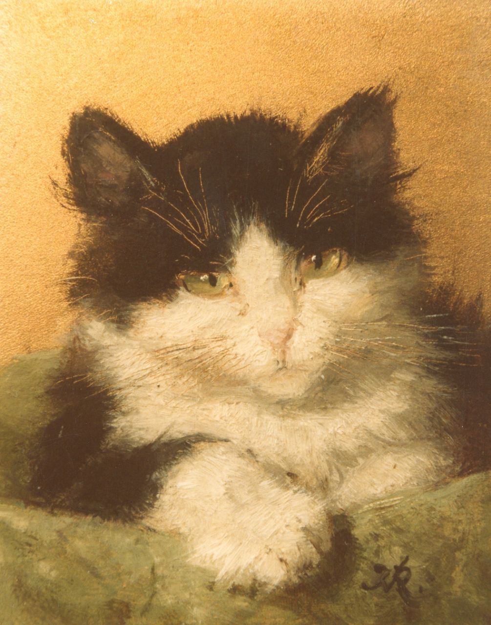 Ronner-Knip H.  | Henriette Ronner-Knip, Cat head, oil on panel 10.2 x 8.2 cm, signed lower right with monogram