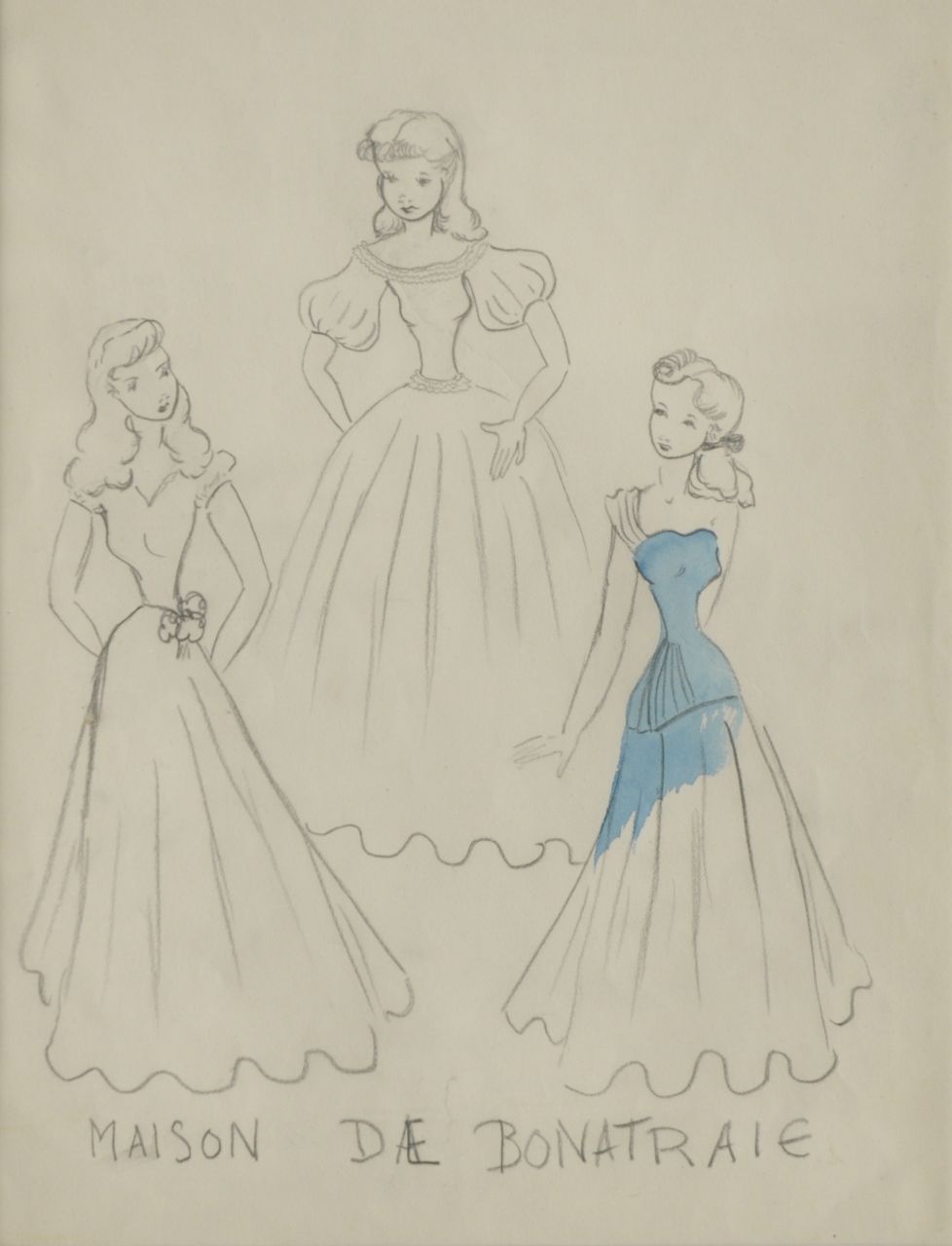 Oranje-Nassau (Prinses Beatrix) B.W.A. van | Beatrix Wilhelmina Armgard van Oranje-Nassau (Prinses Beatrix), Models at the Bonneterie, pencil and blue ink on paper 30.0 x 23.0 cm