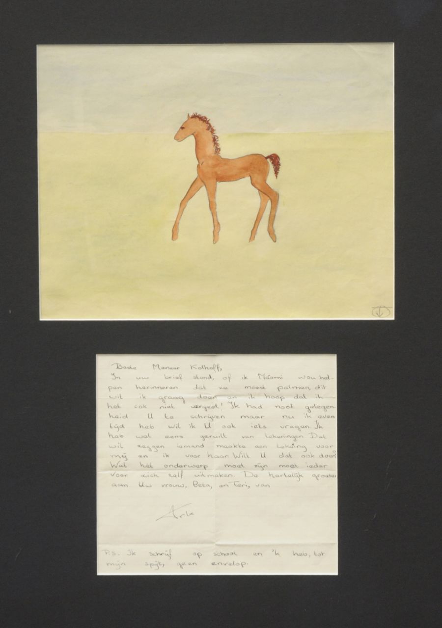 Oranje-Nassau (Prinses Beatrix) B.W.A. van | Beatrix Wilhelmina Armgard van Oranje-Nassau (Prinses Beatrix), A foal, pencil and watercolour on paper 23.0 x 30.0 cm, signed with monogram l.r.