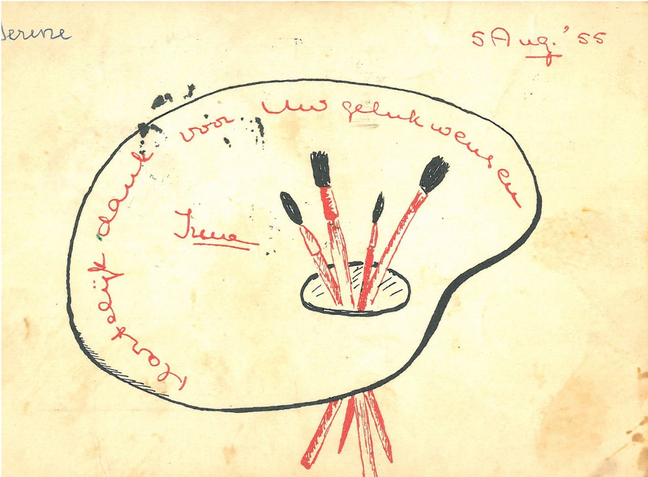 Prinses Irene van Oranje-Nassau | Pallette and pencils, red and black ink on paper (postcard), 10.5 x 14.7 cm, signed in the centre and dated 5 Aug. '55