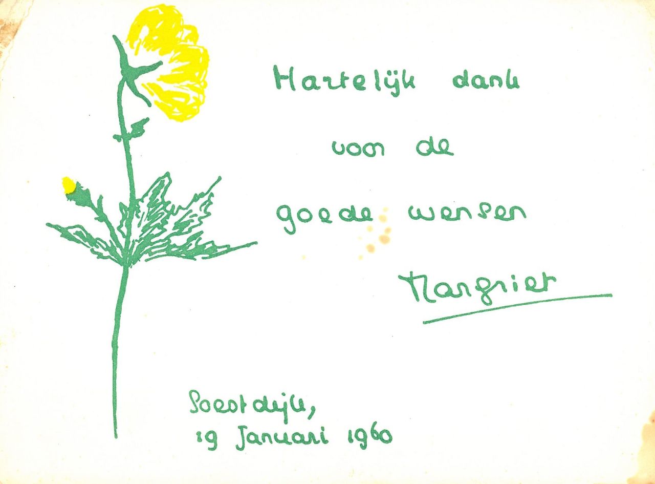 Oranje-Nassau (Prinses Margriet) M.F. van | Margriet Francisca van Oranje-Nassau (Prinses Margriet), Buttercup, green and yellow ink on paper (postcard) 11.0 x 15.0 cm, signed in the centre and dated 'Soestdijk, 19 Januari 1960'
