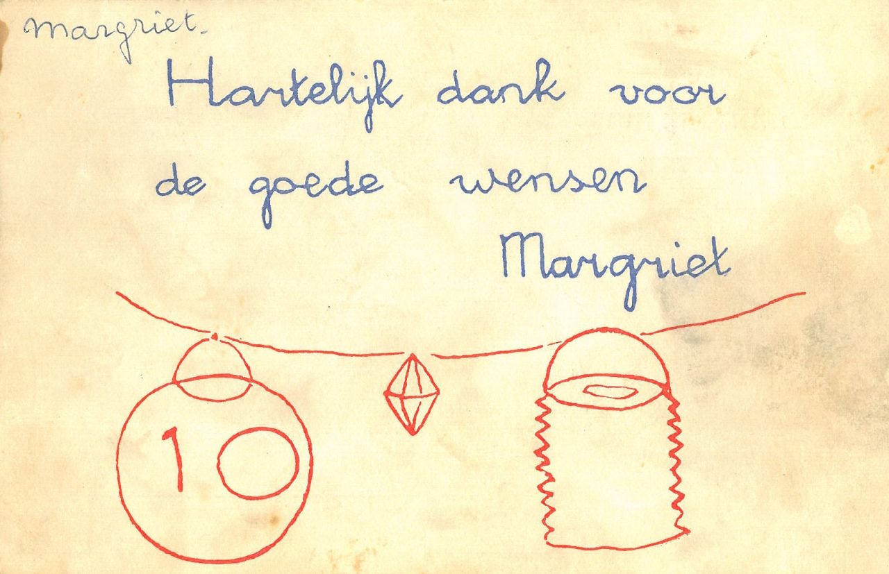 Oranje-Nassau (Prinses Margriet) M.F. van | Margriet Francisca van Oranje-Nassau (Prinses Margriet), Lanterns, red and blue ink on paper (postcard) 9.0 x 14.0 cm, signed in the centre