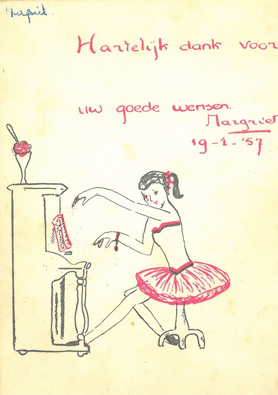 Oranje-Nassau (Prinses Margriet) M.F. van | Margriet Francisca van Oranje-Nassau (Prinses Margriet), Ballerina playing the piano, pink and black ink on paper (postcard) 15.0 x 10.5 cm, signed c.r. and dated 19-1-'57