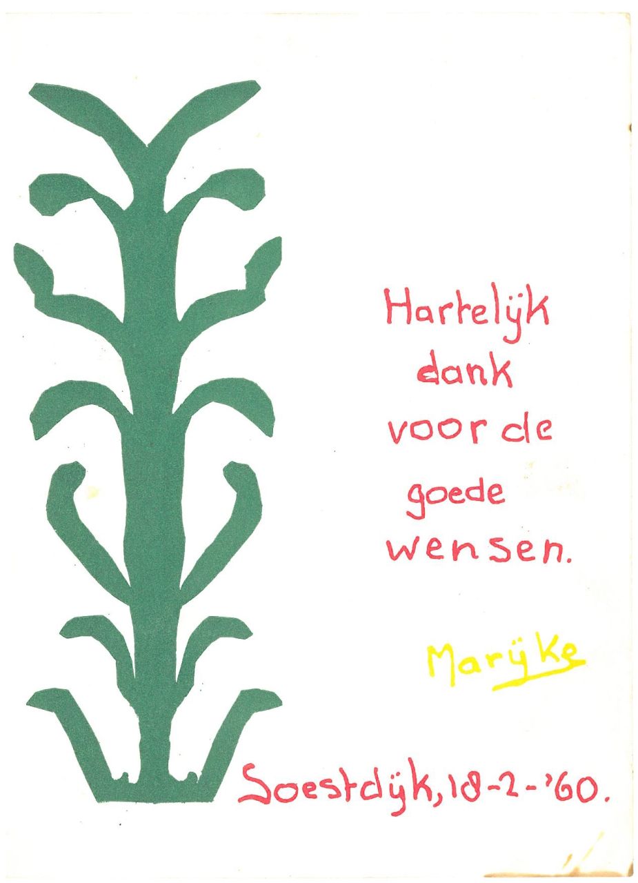 Oranje-Nassau (Prinses Christina) M.C. van | Maria 'Christina' van Oranje-Nassau (Prinses Christina), Green Plant, green, red and yellow ink on paper (postcard) 14.5 x 10.5 cm, 'Soestdijk, 18-2-'60'