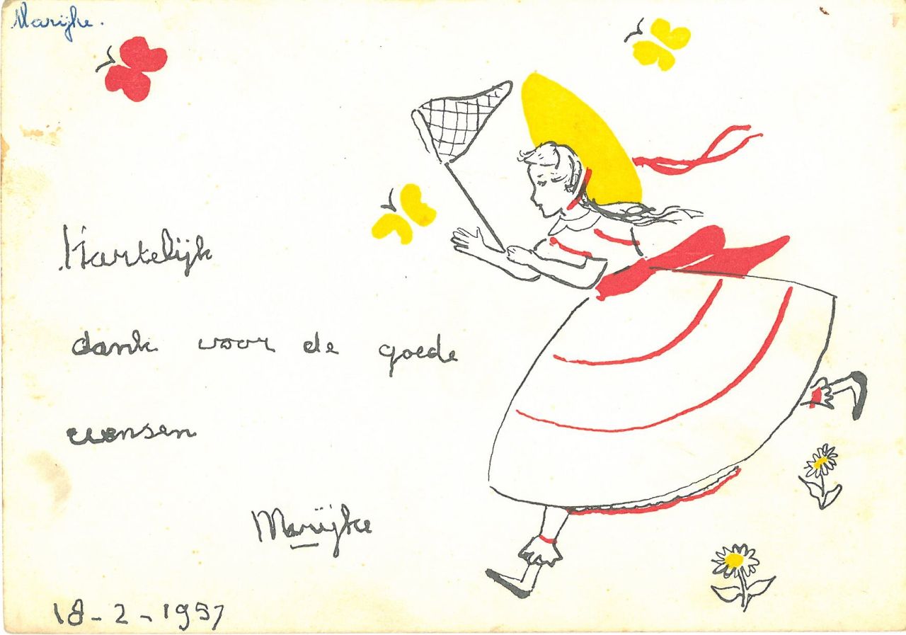 Oranje-Nassau (Prinses Christina) M.C. van | Maria 'Christina' van Oranje-Nassau (Prinses Christina), Catching butterflies, black, yellow, red ink on paper (postcard) 10.5 x 14.9 cm, gesigneerd middenonder and dated 19-2-1957