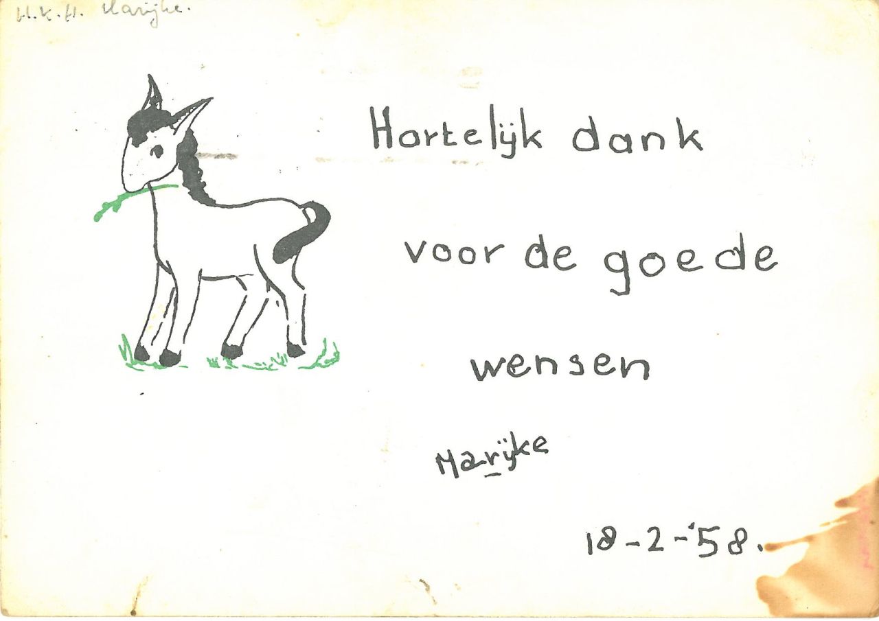 Oranje-Nassau (Prinses Christina) M.C. van | Maria 'Christina' van Oranje-Nassau (Prinses Christina), Donkey, black and green ink on paper (postcard) 10.4 x 14.8 cm, signed l.m. and dated 18-2-'58