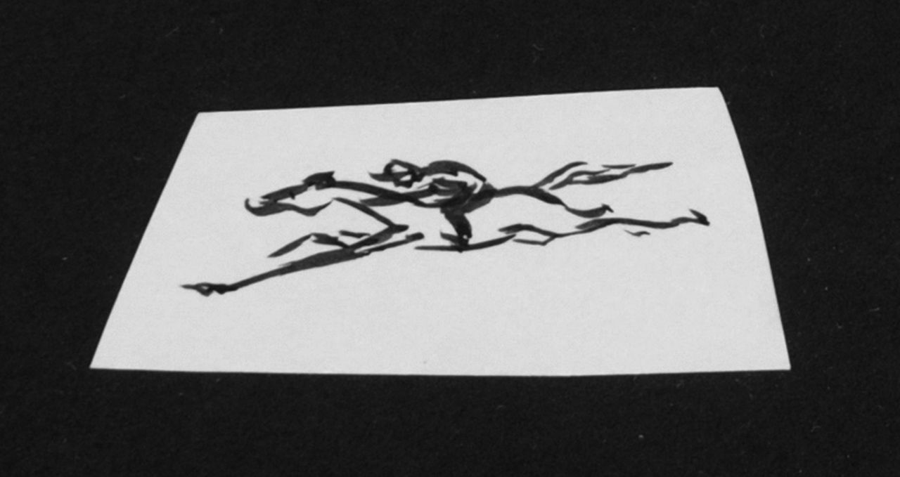 Oranje-Nassau (Prinses Beatrix) B.W.A. van | Beatrix Wilhelmina Armgard van Oranje-Nassau (Prinses Beatrix), Horse racing jockey, pencil and black ink on paper 3.0 x 7.1 cm, executed August 1960