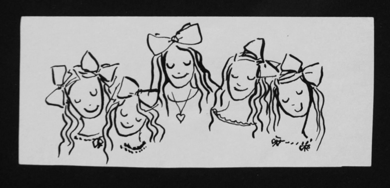 Oranje-Nassau (Prinses Beatrix) B.W.A. van | Beatrix Wilhelmina Armgard van Oranje-Nassau (Prinses Beatrix), Five girls, pencil and black ink on paper 6.0 x 14.0 cm, executed August 1960