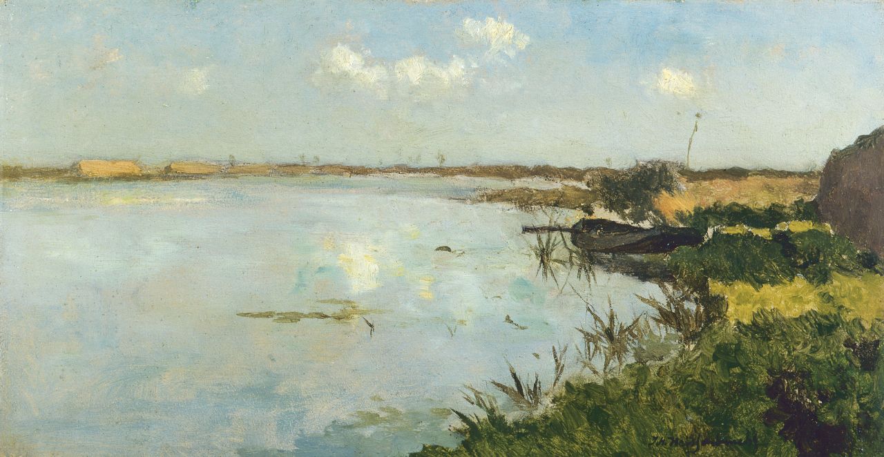 Weissenbruch H.J.  | Hendrik Johannes 'J.H.' Weissenbruch, Lake near Noorden, oil on panel 19.0 x 35.0 cm, signed lower right