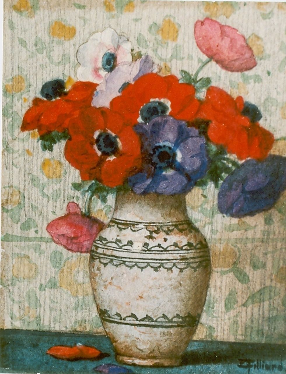 Filliard E.  | Ernest Filliard, Anemones in a vase, watercolour on paper 15.5 x 12.5 cm, signed l.r.