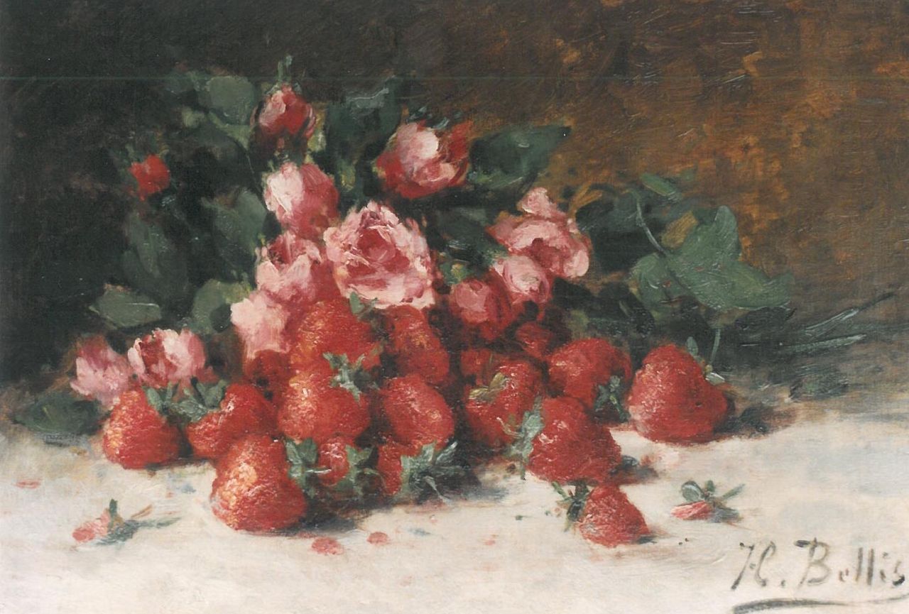 Bellis J.L.  | Josse-Lambert 'Hubert' Bellis, Still life with roses and strawberries, oil on canvas 31.5 x 45.0 cm, signed lower right