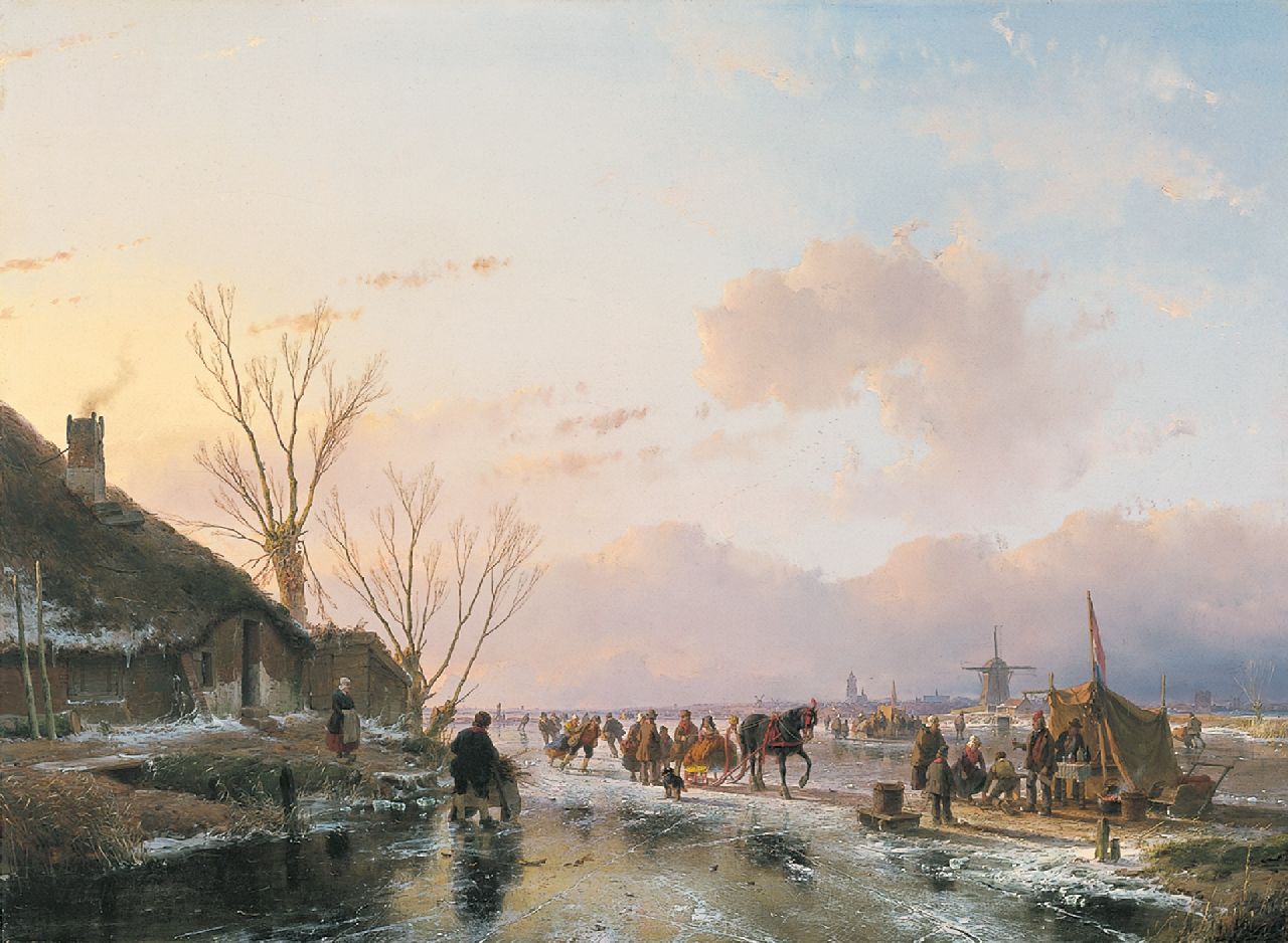 Schelfhout A.  | Andreas Schelfhout, Skaters on a sunny winterday, oil on panel 55.0 x 74.5 cm, signed lower left and dated 1850