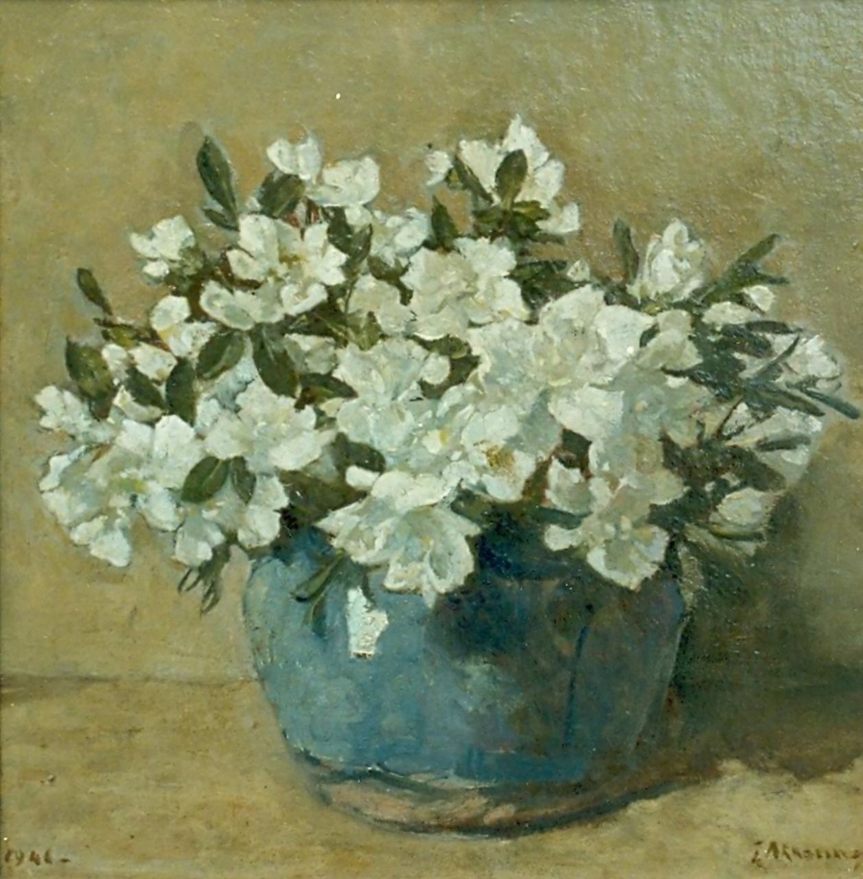Akkeringa J.E.H.  | 'Johannes Evert' Hendrik Akkeringa, White azalea in a ginger jar, oil on canvas laid down on panel 29.0 x 29.0 cm, signed l.r. and dated 1941