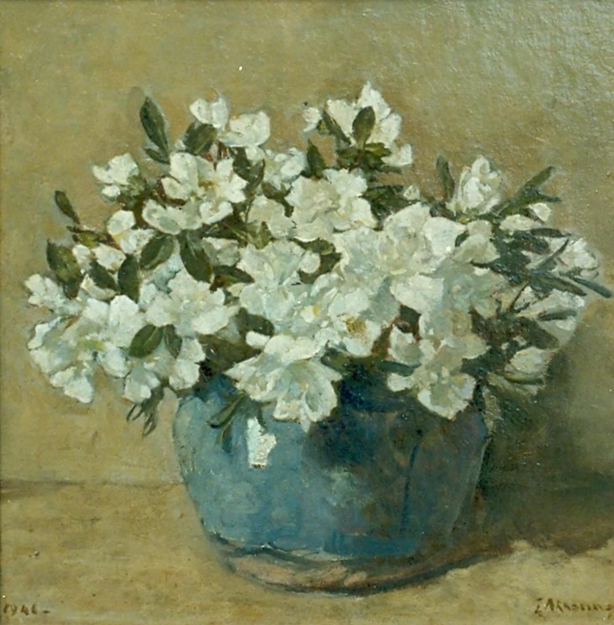 Akkeringa J.E.H.  | 'Johannes Evert' Hendrik Akkeringa, White azalea in a ginger jar, oil on canvas laid down on panel 29.0 x 29.0 cm, signed l.r. and dated 1941