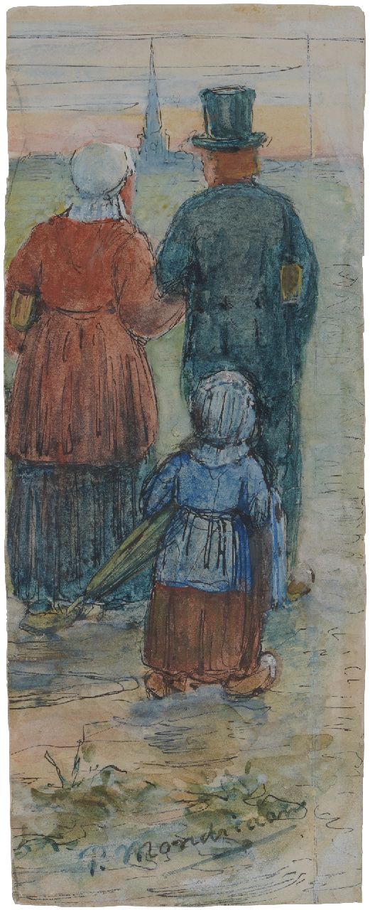 Mondriaan P.C.  | Pieter Cornelis 'Piet' Mondriaan, On their way to the Catholic Jacobuskerk, Winterswijk, watercolour on paper 15.2 x 6.0 cm, signed l.c. and ummer 1901; private coll. not for sale