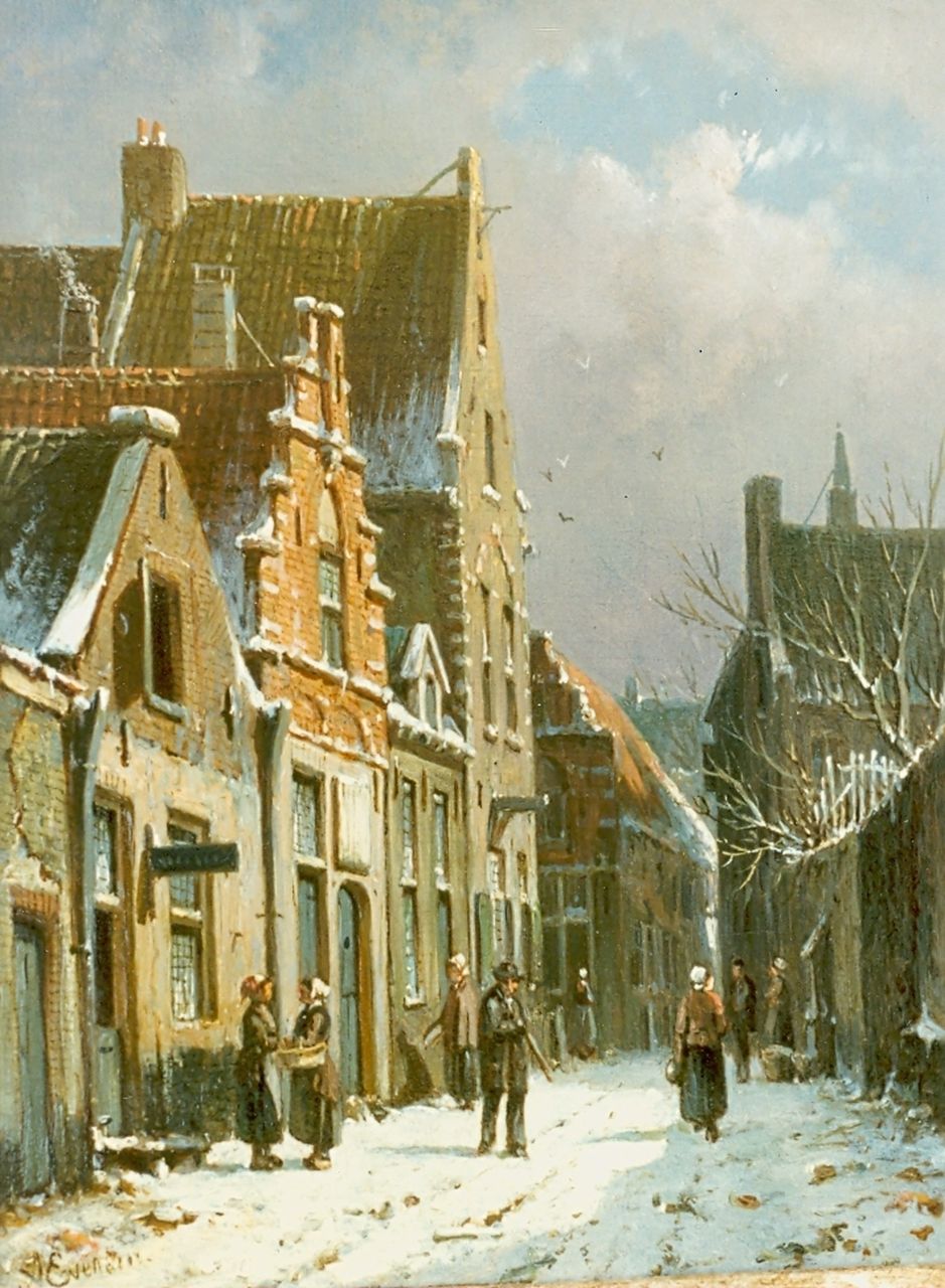 Eversen A.  | Adrianus Eversen, A snow-covered town, oil on canvas 25.0 x 19.0 cm, signed l.l.