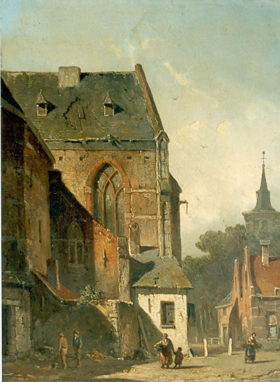Eversen A.  | Adrianus Eversen, Behind the church, oil on panel 26.1 x 21.2 cm, signed l.r.