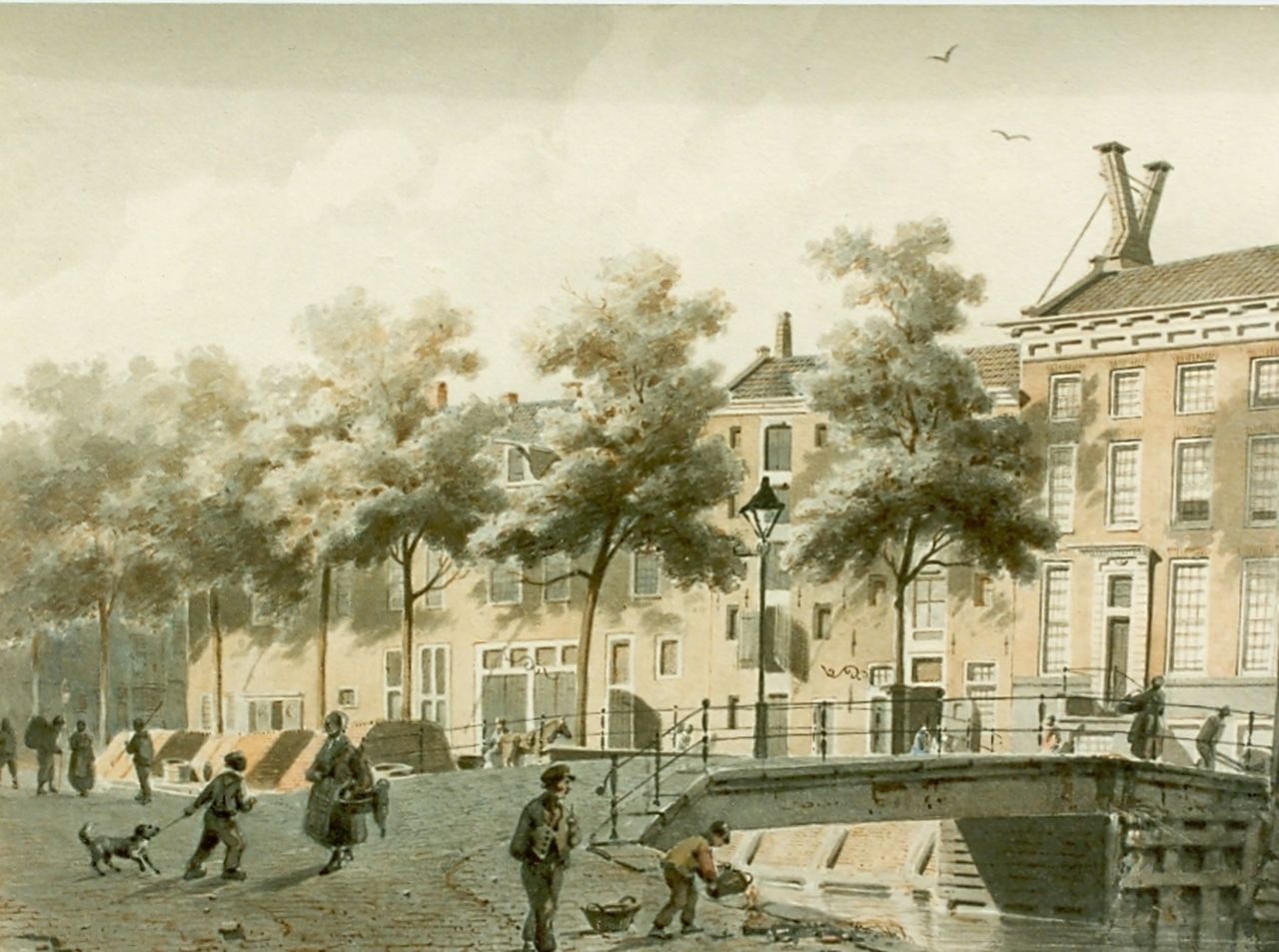 Eversen A.  | Adrianus Eversen, Daily activities in a town, sepia on paper 20.0 x 30.0 cm, signed l.r. and dated '54