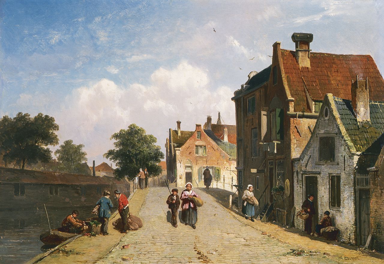 Eversen A.  | Adrianus Eversen, A town in summer, oil on panel 25.0 x 36.2 cm, signed l.r.