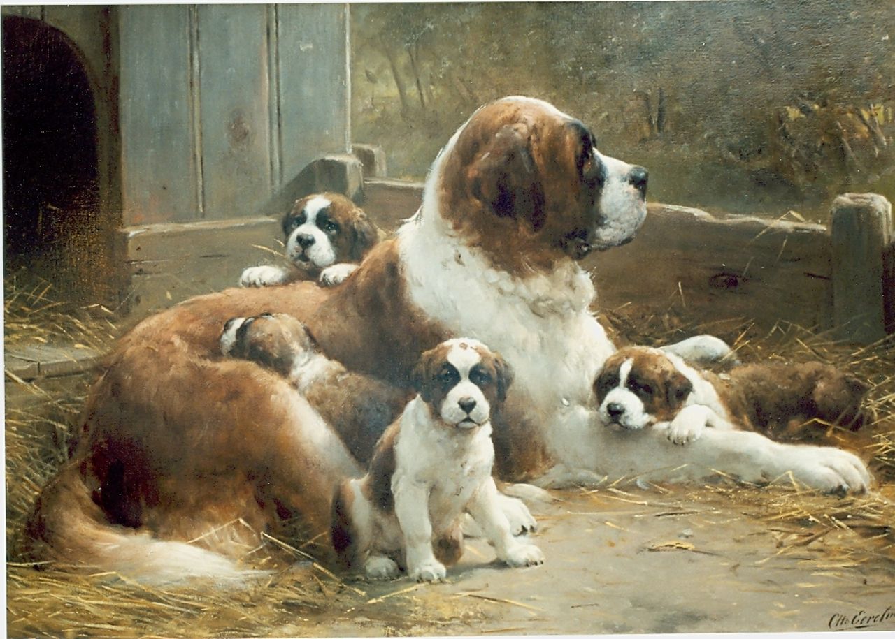 Eerelman O.  | Otto Eerelman, St.Bernard with  puppies, oil on canvas 90.0 x 130.0 cm, signed l.r.