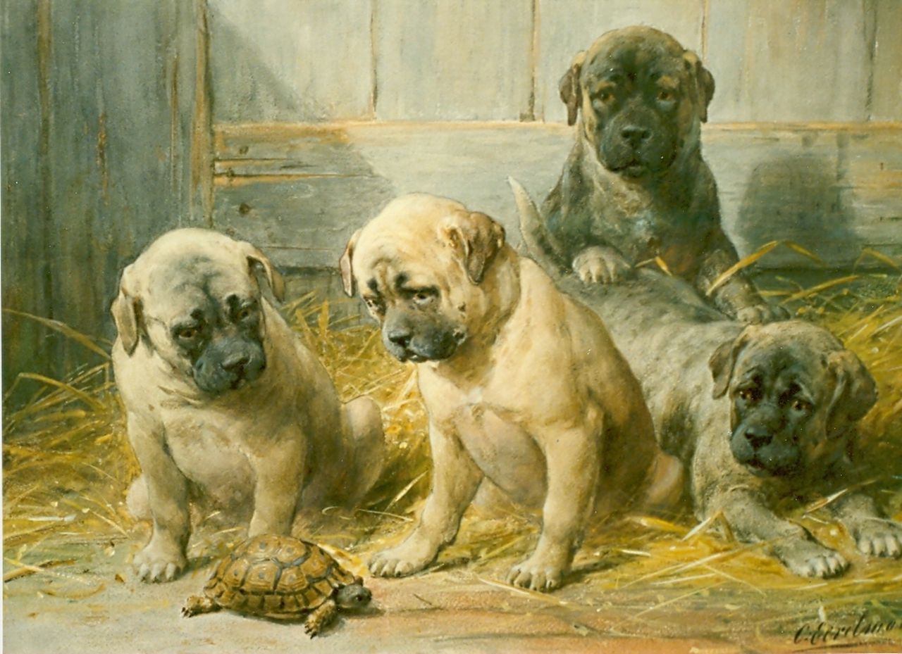 Eerelman O.  | Otto Eerelman, Puppies with a turtle, watercolour on paper, signed l.l.