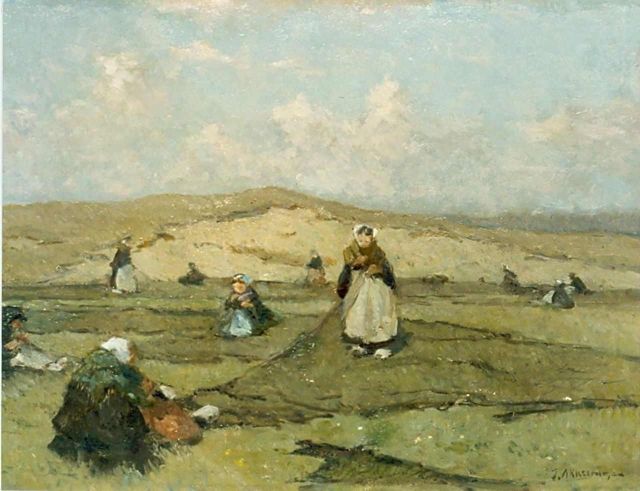 Akkeringa J.E.H.  | 'Johannes Evert' Hendrik Akkeringa, Mending the nets in the dunes, oil on canvas 33.0 x 45.0 cm, signed l.r.