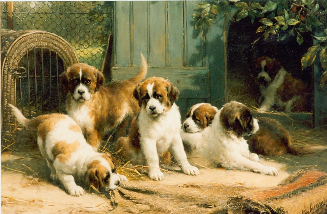Eerelman O.  | Otto Eerelman, St. Bernard puppies, oil on canvas 90.0 x 130.0 cm, signed l.l.