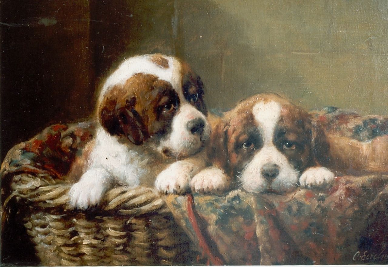 Eerelman O.  | Otto Eerelman, Two St. Bernhard puppies in a basket, oil on canvas 29.0 x 44.0 cm, signed l.r.