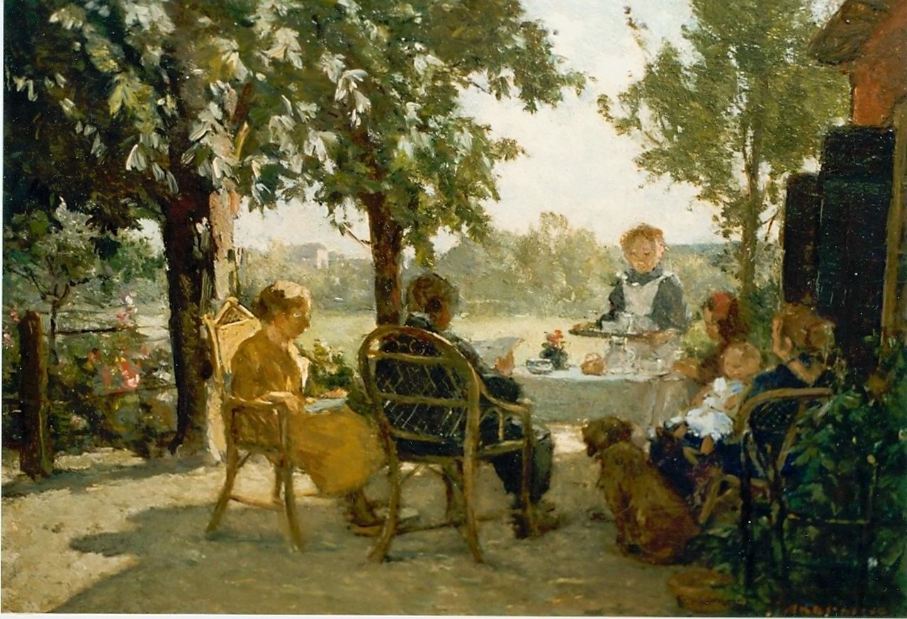 Akkeringa J.E.H.  | 'Johannes Evert' Hendrik Akkeringa, Teagarden, oil on canvas 27.0 x 37.0 cm, signed l.r.