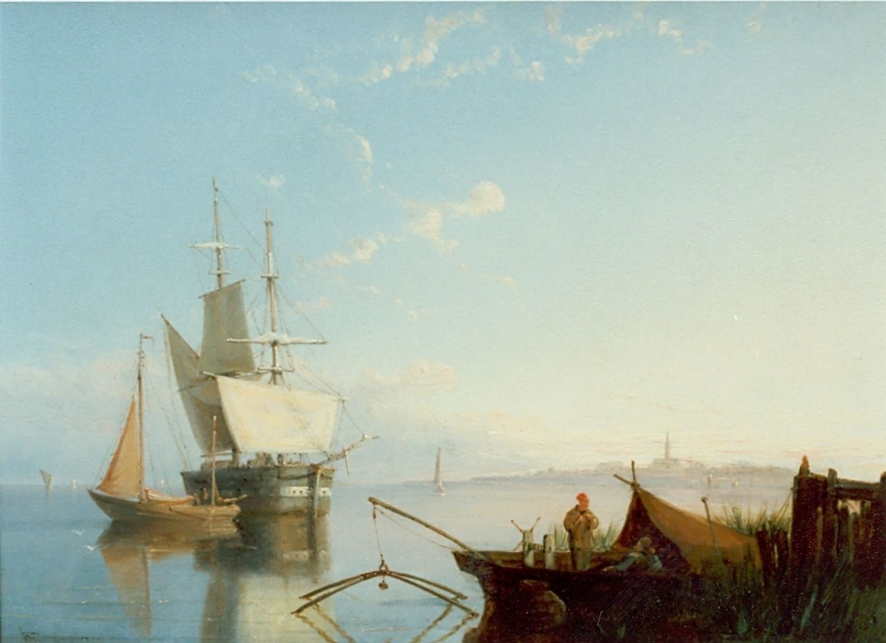 Dommerson W.R.  | William Raymond Dommerson, Shipping in an estuary, oil on canvas 30.5 x 40.5 cm, signed l.l.