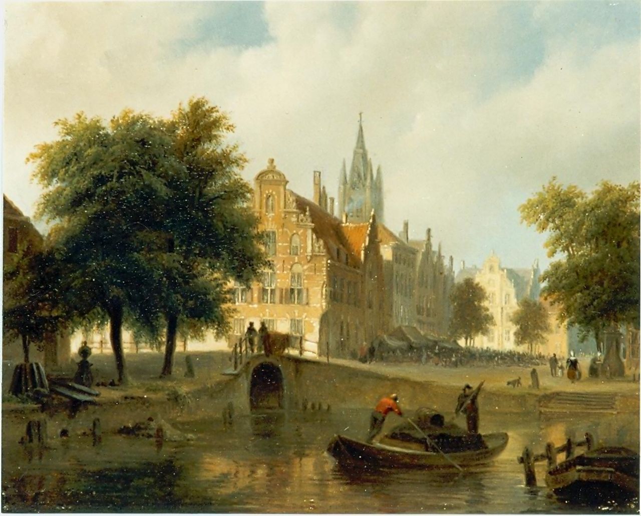 Hove B.J. van | Bartholomeus Johannes 'Bart' van Hove, Cityscape with the Old Church of Delft, oil on panel 16.0 x 20.0 cm, signed signed on the reverse