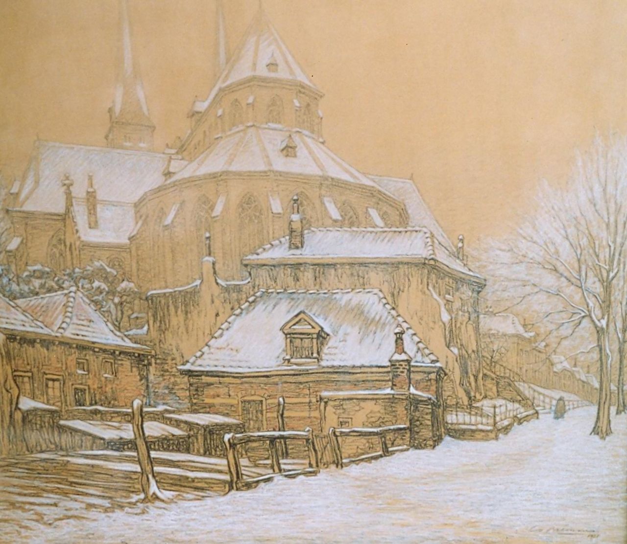 Breman A.J.  | Ahazueros Jacobus 'Co' Breman, The 'Bergkerk', Deventer, chalk on paper, signed l.r. and dated 1931