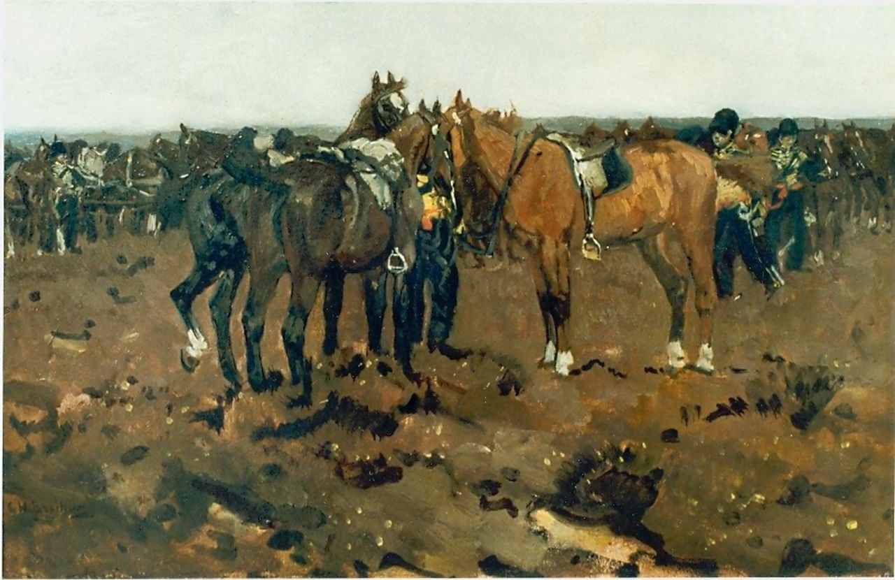 Breitner G.H.  | George Hendrik Breitner, Artillery horses resting, oil on panel 26.0 x 40.0 cm, signed l.l.