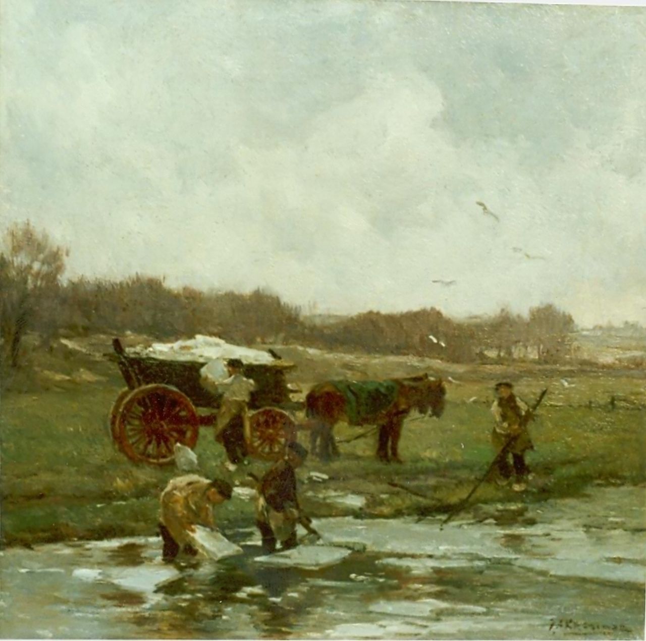 Akkeringa J.E.H.  | 'Johannes Evert' Hendrik Akkeringa, Shoveling ice, oil on canvas laid down on panel 38.0 x 38.0 cm, signed l.r.