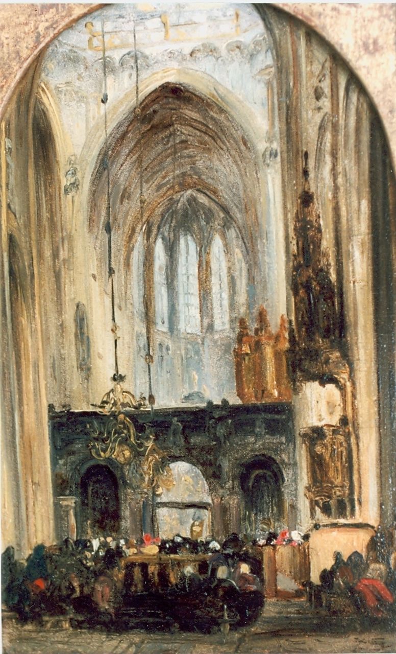 Bosboom J.  | Johannes Bosboom, Church service, oil on panel 23.0 x 15.0 cm