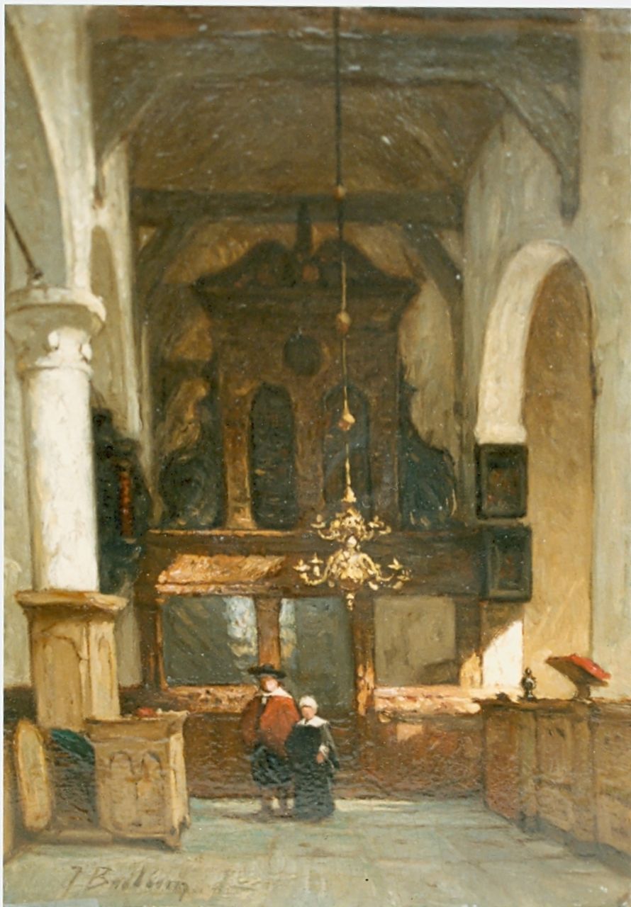 Bosboom J.  | Johannes Bosboom, Church interior with figures, oil on panel 24.0 x 17.0 cm, signed l.l.