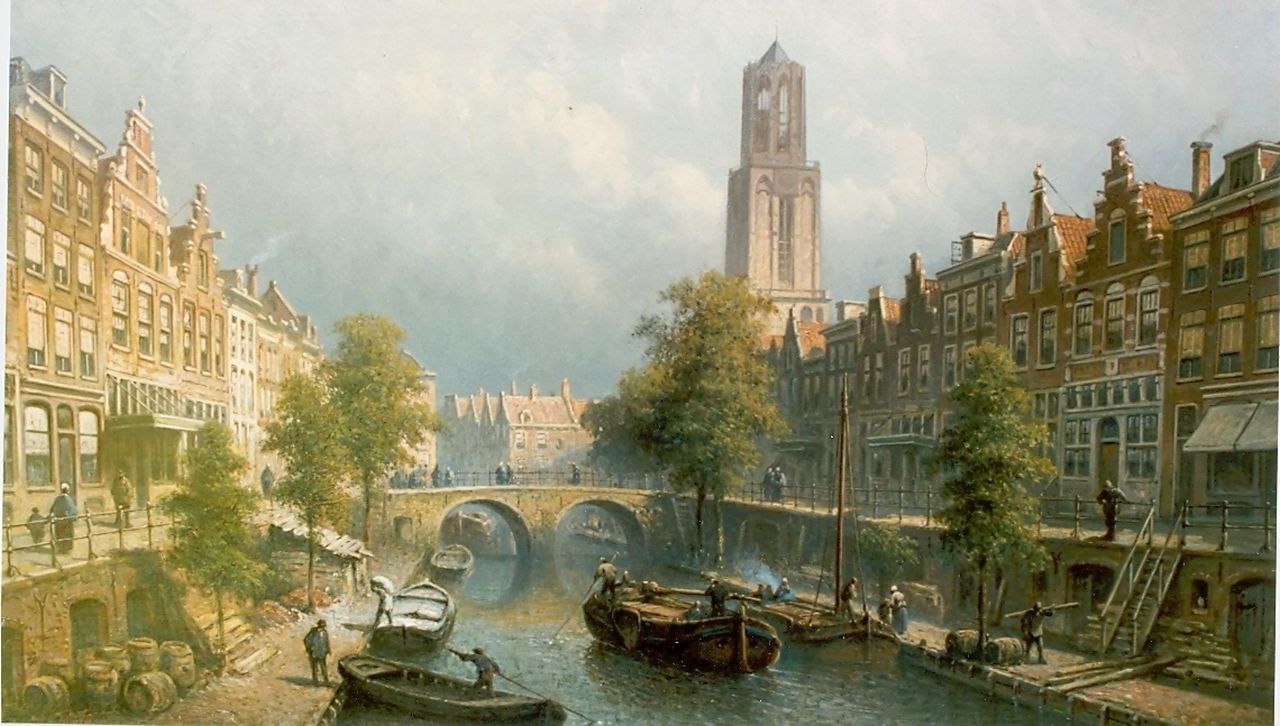 Hilverdink E.A.  | Eduard Alexander Hilverdink, A view of the Oudegracht, Utrecht, oil on canvas 46.0 x 77.0 cm, signed l.l. and dated '88