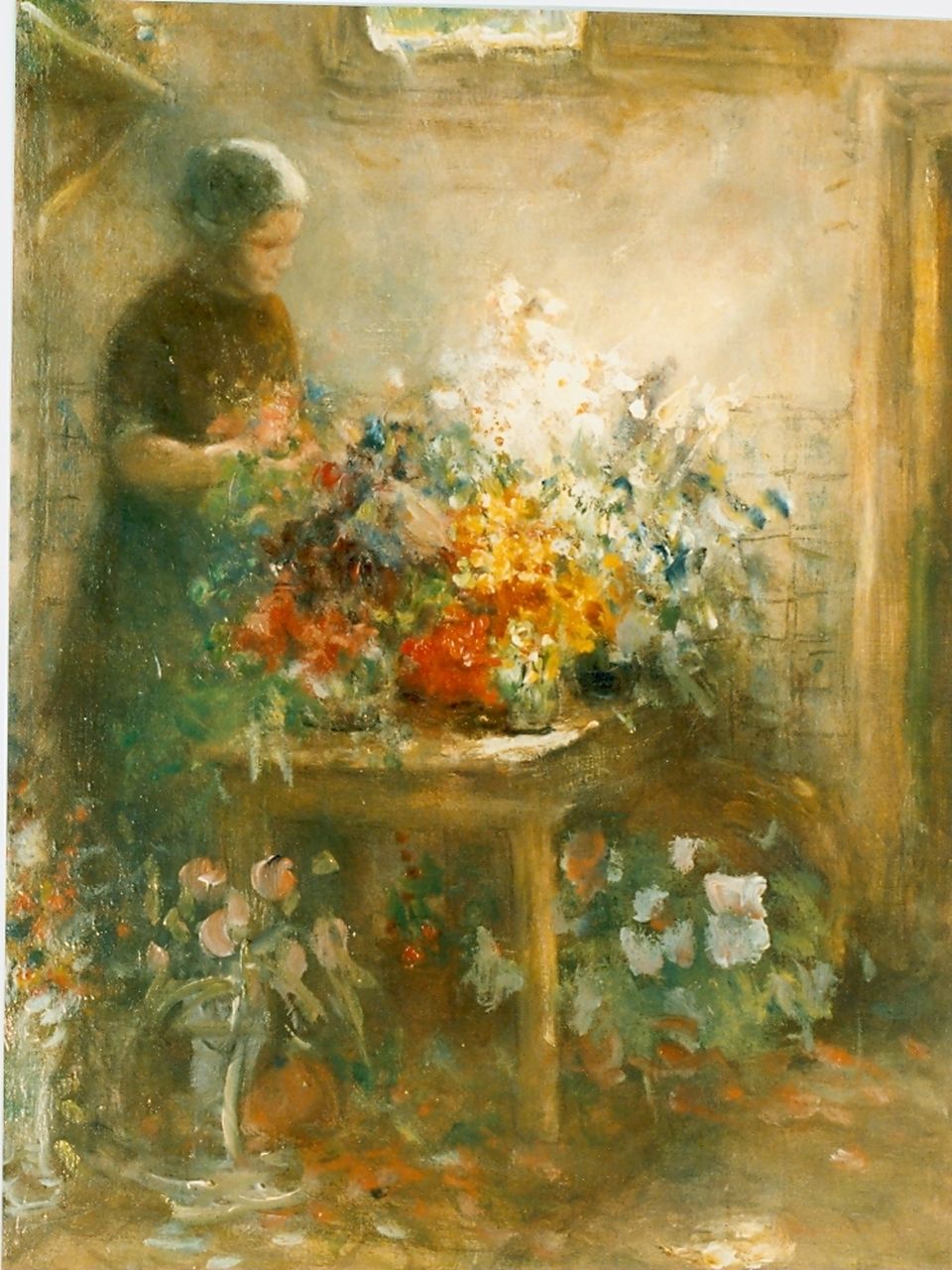 Blommers B.J.  | Bernardus Johannes Blommers, Arranging flowers, oil on canvas 47.0 x 36.0 cm